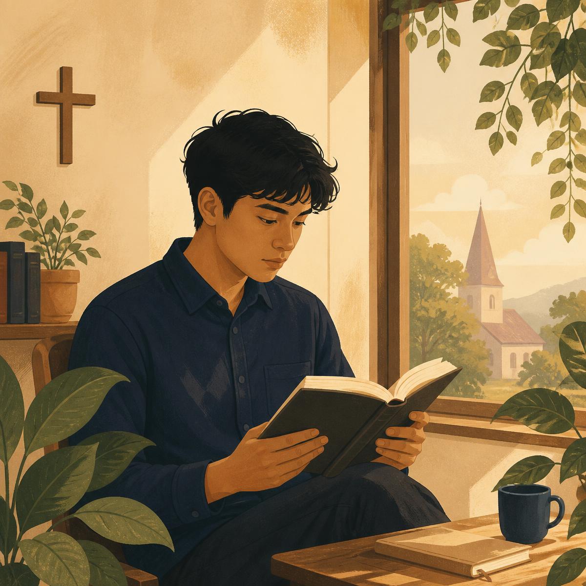 Ilustrasi mahasiswa teologi sedang membaca di dekat jendela dengan cahaya hangat dan dedaunan